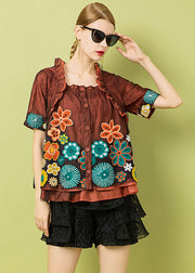 Italian Rust Ruffled Hollow Out Embroidered Patchwork Tulle Tops Summer