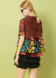Italian Rust Ruffled Hollow Out Embroidered Patchwork Tulle Tops Summer
