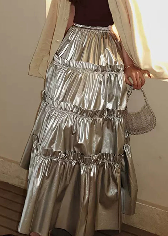Italian Silver Ruffled Patchwork Elastic Waist Cake Skirt Summer