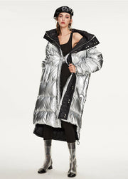 Italian Silvery Oversized Zippered Lengthen Duck Down Winter Coats
