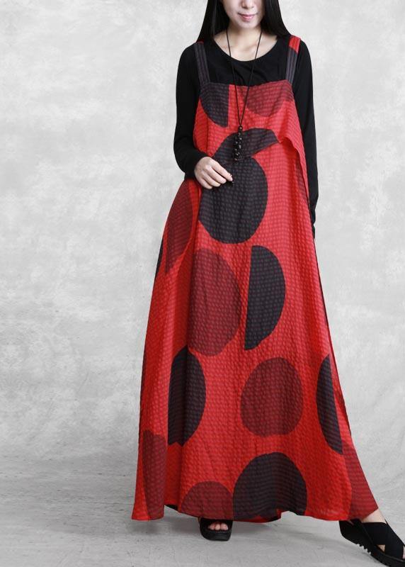 Italian Spaghetti Strap Asymmetric Tunics Red Dotted Loose Dress - SooLinen