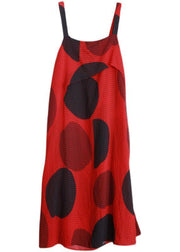 Italian Spaghetti Strap Asymmetric Tunics Red Dotted Loose Dress - SooLinen