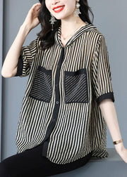 Italian Striped Hooded Pockets Patchwork Chiffon Shirt Tops Summer