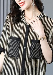 Italian Striped Hooded Pockets Patchwork Chiffon Shirt Tops Summer