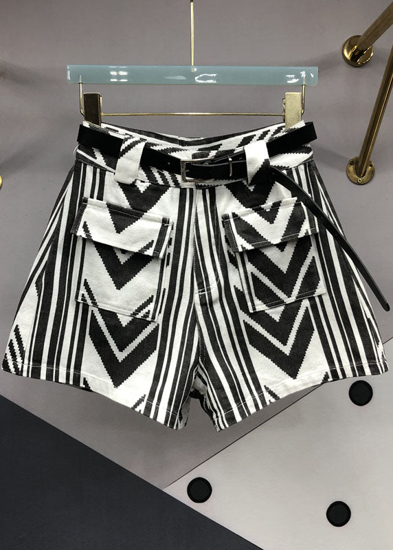 Italian Striped Sashes Pockets Denim Shorts Summer