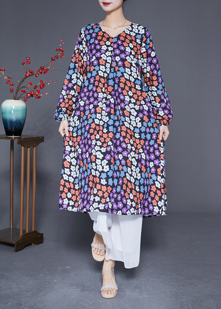 Italian V Neck Floral Print Silk Cinched Dresses Long Sleeve