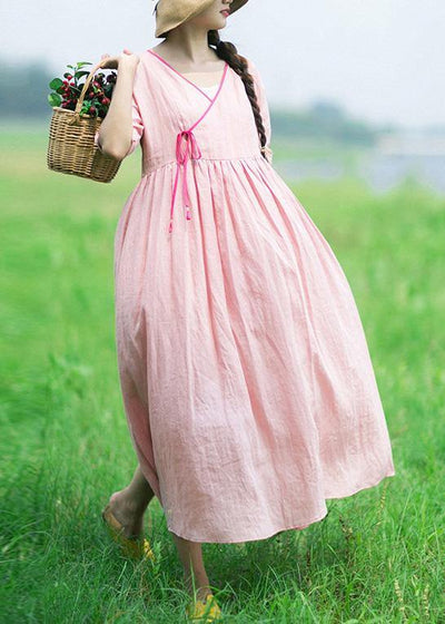 Italian V Neck Half Sleeve Summer Clothes Outfits Pink Vestidos De Lino Dress - SooLinen