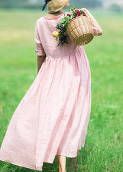 Italian V Neck Half Sleeve Summer Clothes Outfits Pink Vestidos De Lino Dress - SooLinen