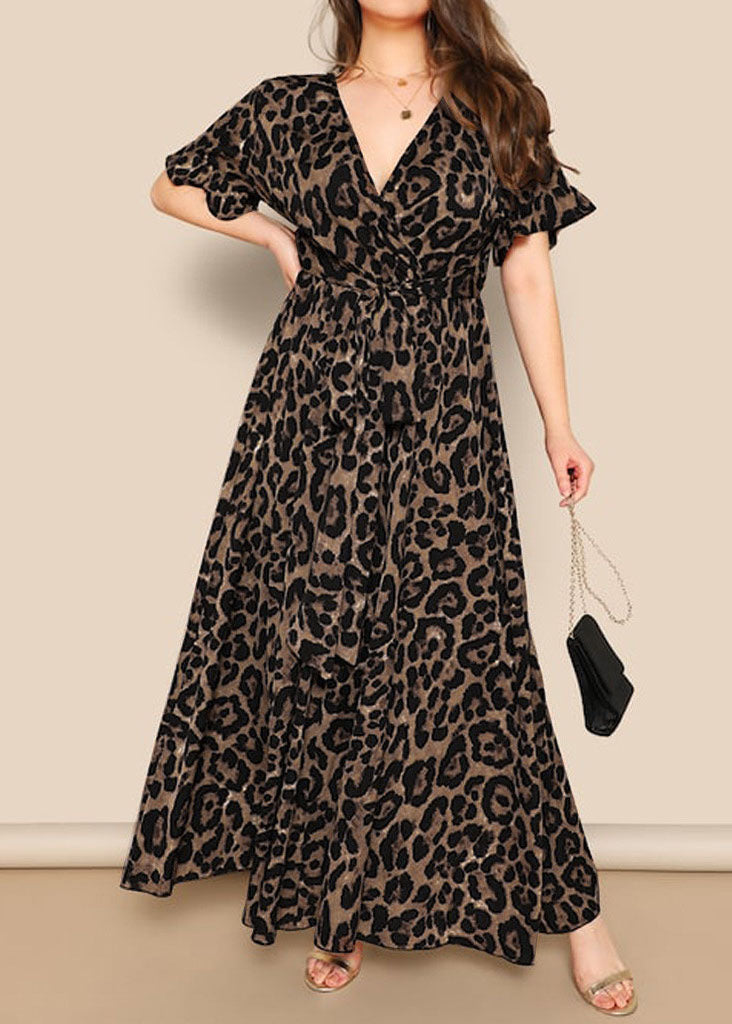 Italian V Neck Leopard Print Tie Waist Long Dress Butterfly Sleeve