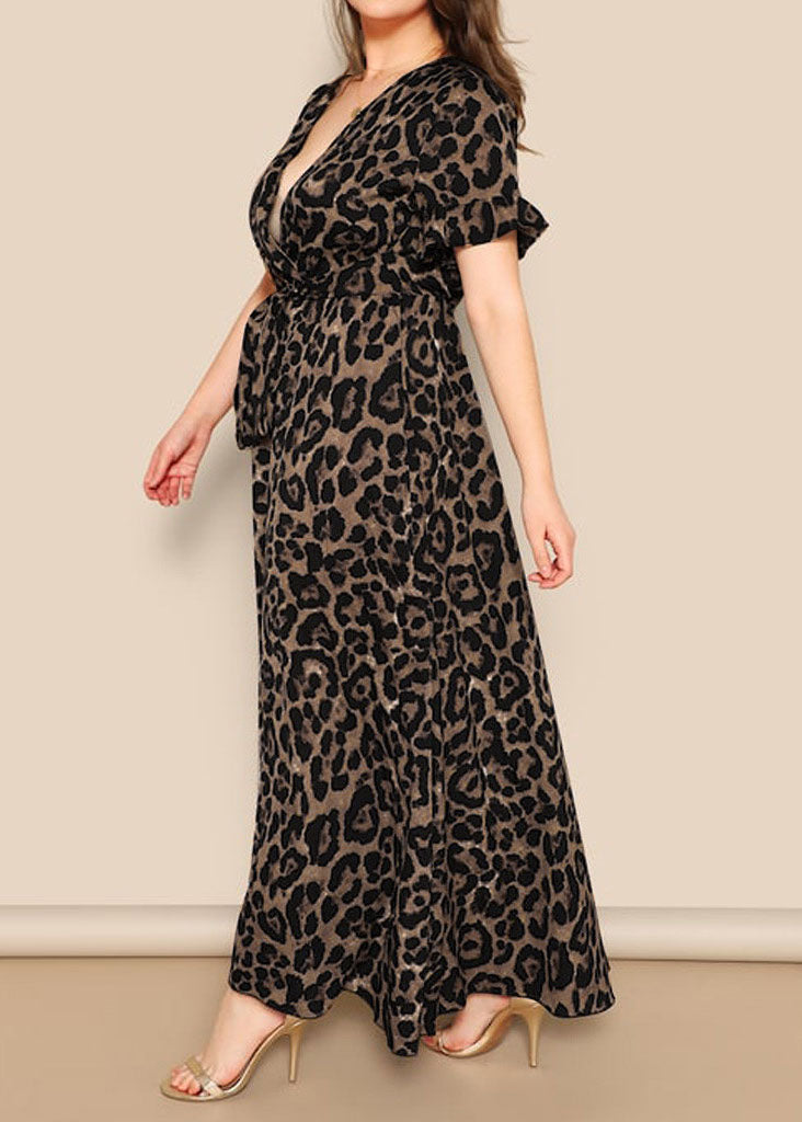 Italian V Neck Leopard Print Tie Waist Long Dress Butterfly Sleeve
