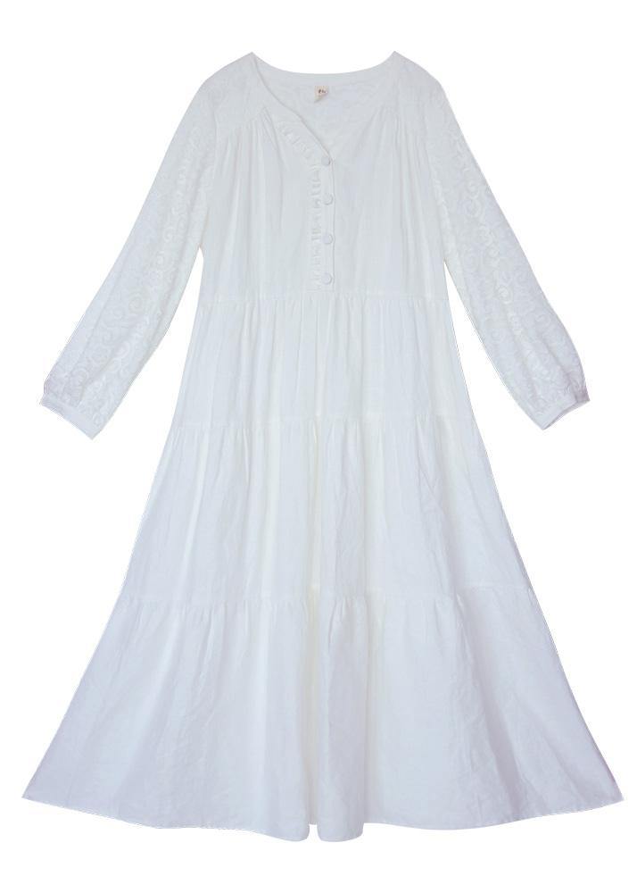 Italian V Neck Patchwork Lace Dress Pattern White Dress - SooLinen