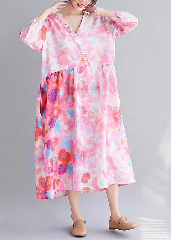 Italian V Neck Patchwork Spring Tunics Tunic Pink Print Maxi Dresses - SooLinen