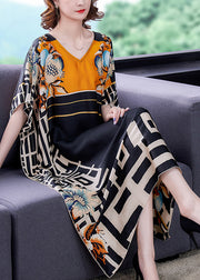 Italian V Neck Print Silk Vacation Long Dresses Summer