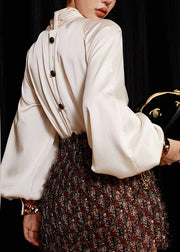 Italian White Bow Sequins Silk Top Long Sleeve