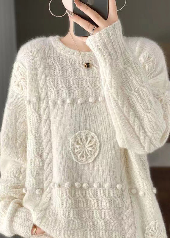 Italian White Embroidered Hook Flower Wool Sweaters Spring