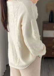 Italian White Embroidered Hook Flower Wool Sweaters Spring