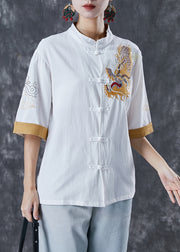Italian White Embroidered Linen Blouse Tops Short Sleeve