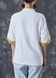 Italian White Embroidered Linen Blouse Tops Short Sleeve