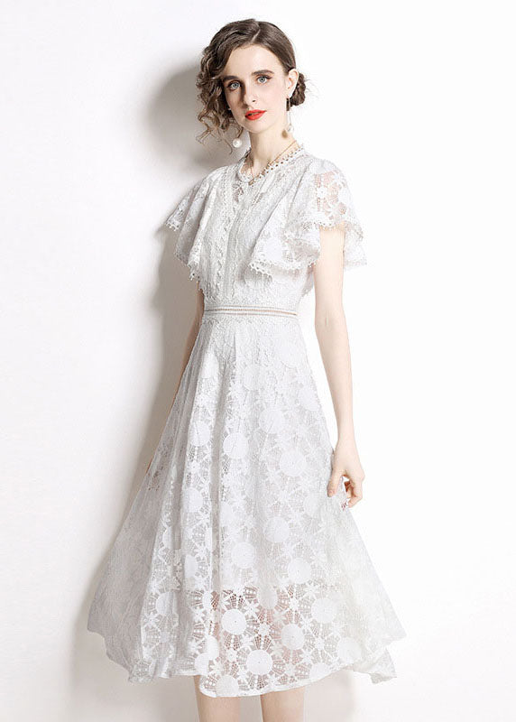 Italian White Hollow Out Embroidered Lace Dress Butterfly Sleeve