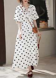 Italian White Lace Up Print Chiffon Long Dress Summer