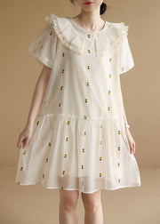 Italian White O-Neck Embroidered Tulle Vacation Dresses Short Sleeve