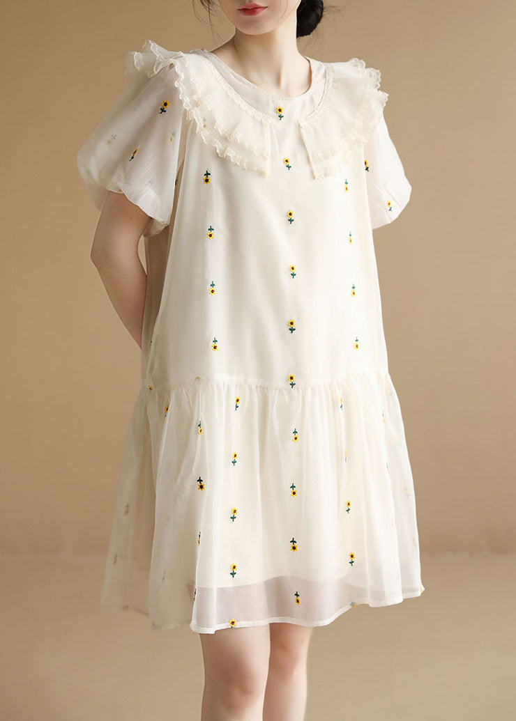 Italian White O-Neck Embroidered Tulle Vacation Dresses Short Sleeve