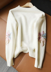 Italian White O Neck Pearl Patchwork Cashmere Sweaters Long Sleeve