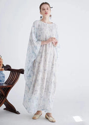 Italian White O Neck Print Cotton Robe Dresses Batwing Sleeve