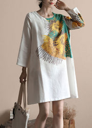 Italian White O Neck Print Patchwork Linen Dresses Spring