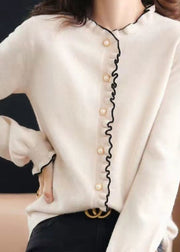 Italian White O-Neck Ruffled Pearl Button Knit Cardigan Winter