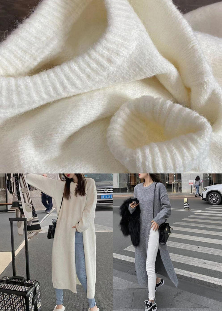 Italian White O Neck Side Open Patchwork Knit Sweaters Dress Fall
