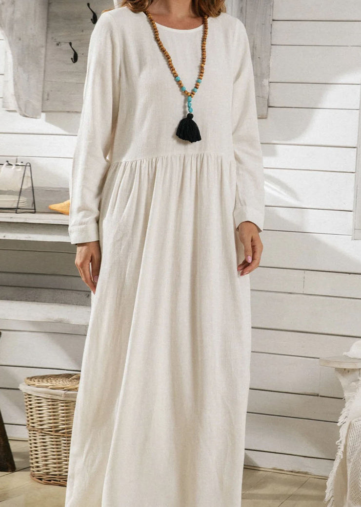Italian White O Neck Wrinkled Exra Large Hem Cotton Dresses Spring