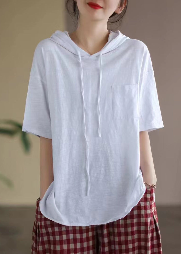 Italian White Patchwork Cozy Cotton Hooded Top Short Sleeve