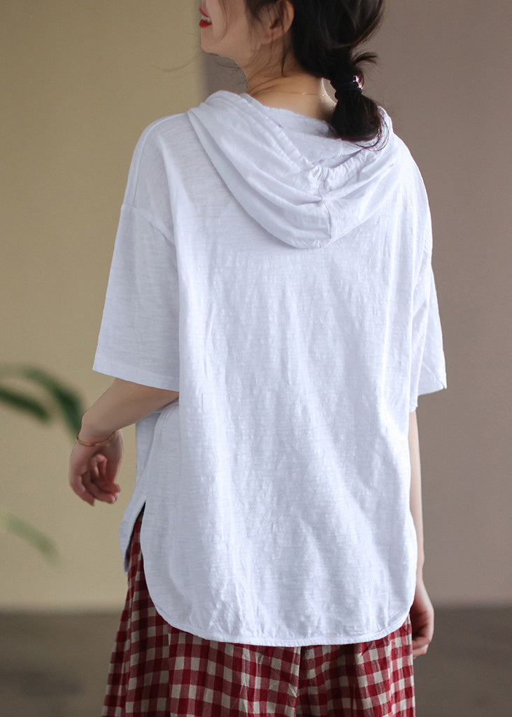 Italian White Patchwork Cozy Cotton Hooded Top Short Sleeve