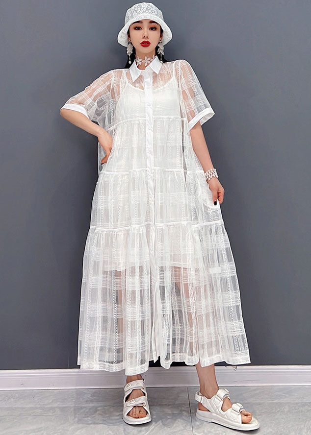 Italian White Peter Pan Collar Patchwork Tulle Long Dress Two Pieces Set Summer
