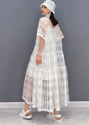 Italienisches weißes Peter-Pan-Kragen-Patchwork-Tüll-langes Kleid, zweiteiliges Set, Sommer