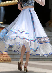 Italian White Print Elastic Waist Tulle Skirts Summer