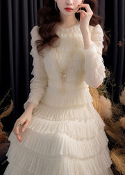 Italian White Solid High Waist Chiffon Dresses Long Sleeve