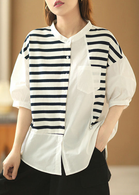 Italian White Stand Collar Asymmetrical Design Patchwork Striped Cotton Shirts Half Sleeve