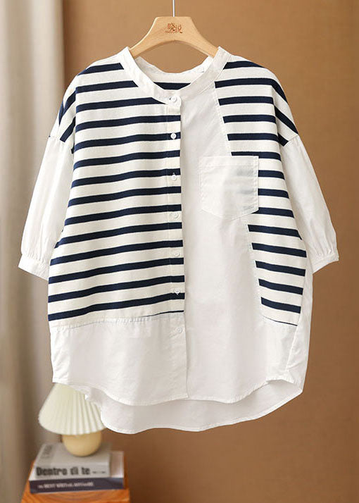 Italian White Stand Collar Asymmetrical Design Patchwork Striped Cotton Shirts Half Sleeve