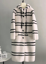 Italian White Striped Button Woolen Long Hooded Coat Winter