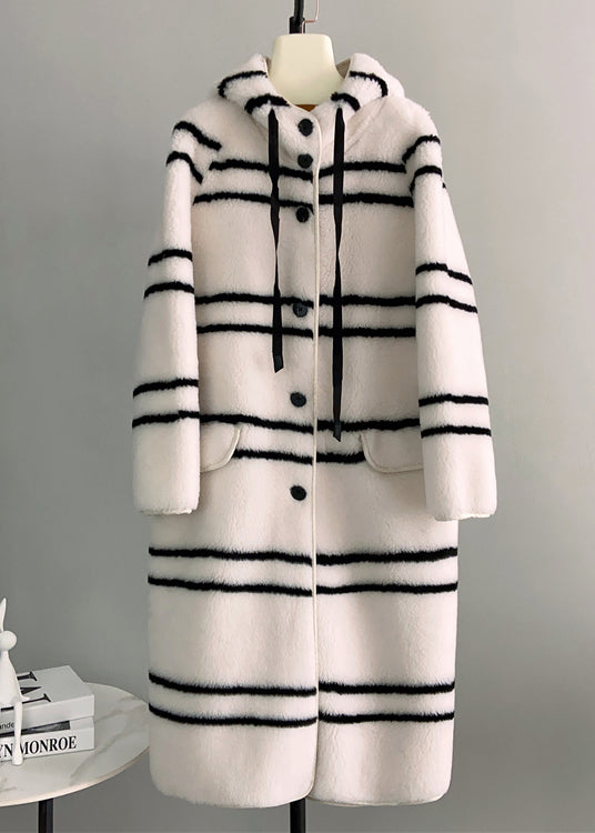 Italian White Striped Button Woolen Long Hooded Coat Winter