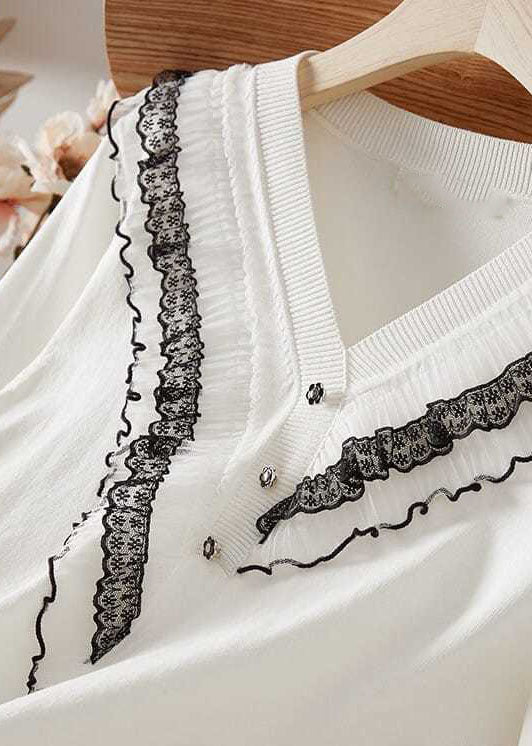 Italian White V Neck Ruffled Patchwork Knit Tops Spring