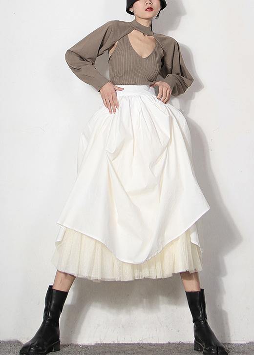 Italian White zippered Patchwork tulle Summer Skirt - SooLinen