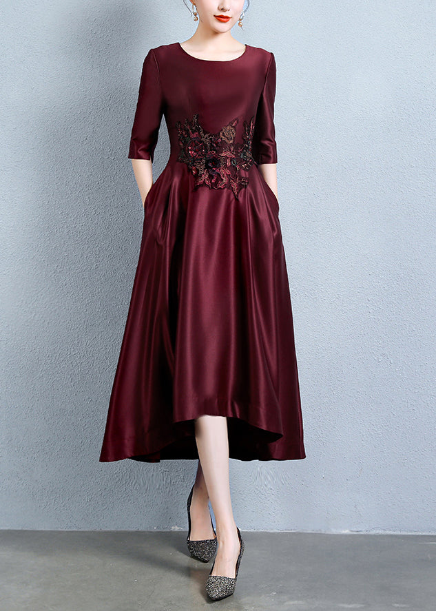 Italian Wine Red Embroidered Pockets Patchwork Silk Dress Half Sleeve