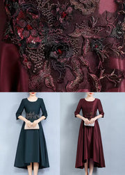 Italian Wine Red Embroidered Pockets Patchwork Silk Dress Half Sleeve