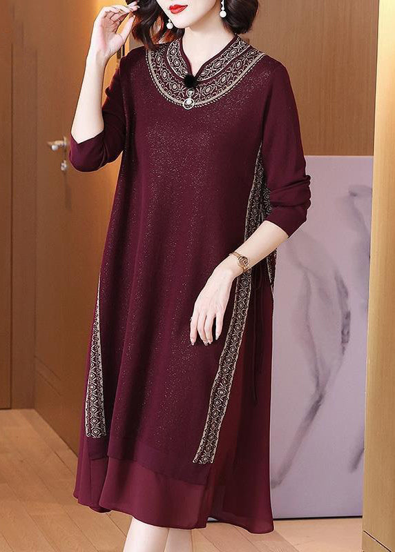 Italian Wine Red Lace Up Chiffon Patchwork Knit Dress Spring