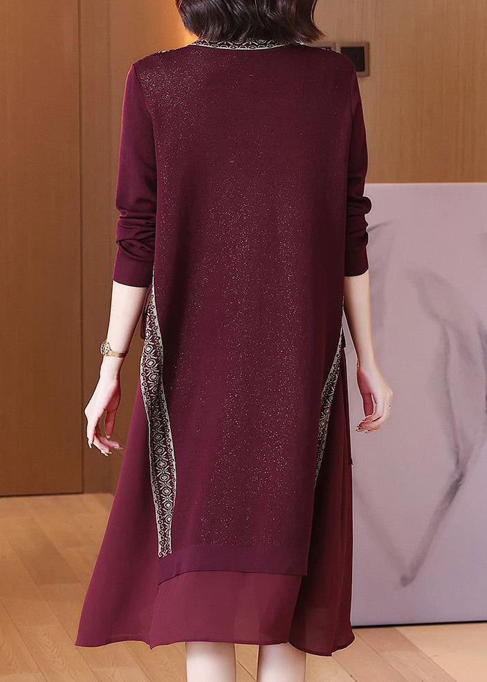 Italian Wine Red Lace Up Chiffon Patchwork Knit Dress Spring