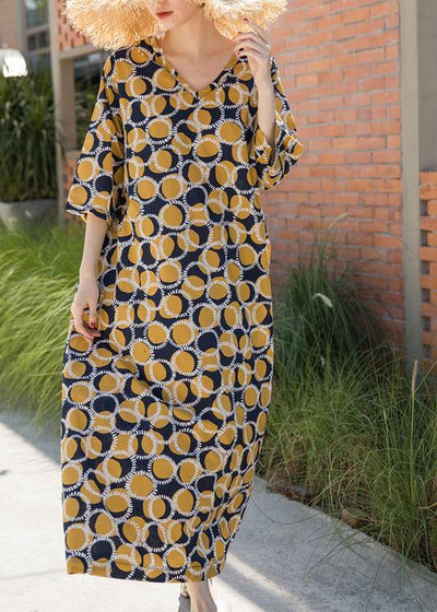Italian Yellow Dotted Summer Cotton Dress Plus Size Caftans - SooLinen