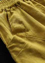 Italian Yellow Elastic Waist Pockets Linen Pants Summer